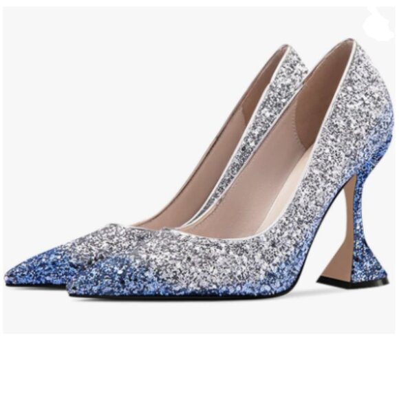 YDN Silver Blue Pointed Toe Slip on Pumps Special High Heel Shoe for Party - Picture 1 of 8